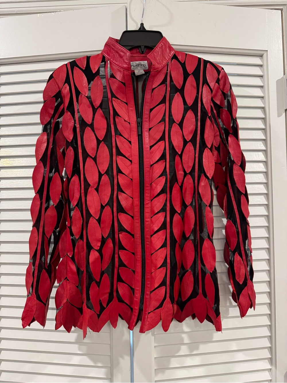 Women's Red Leather Leaf-Trim Zip Jacket by
